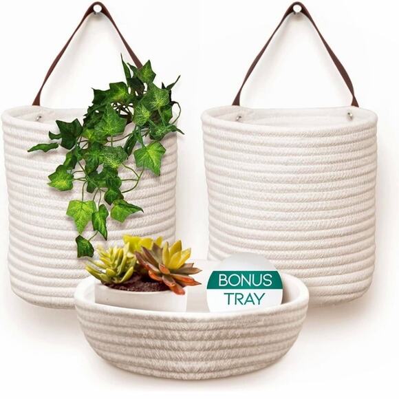 Lillycroft | Set of Woven Hanging Baskets with Bonus Table Tray - Picture 1 of 6